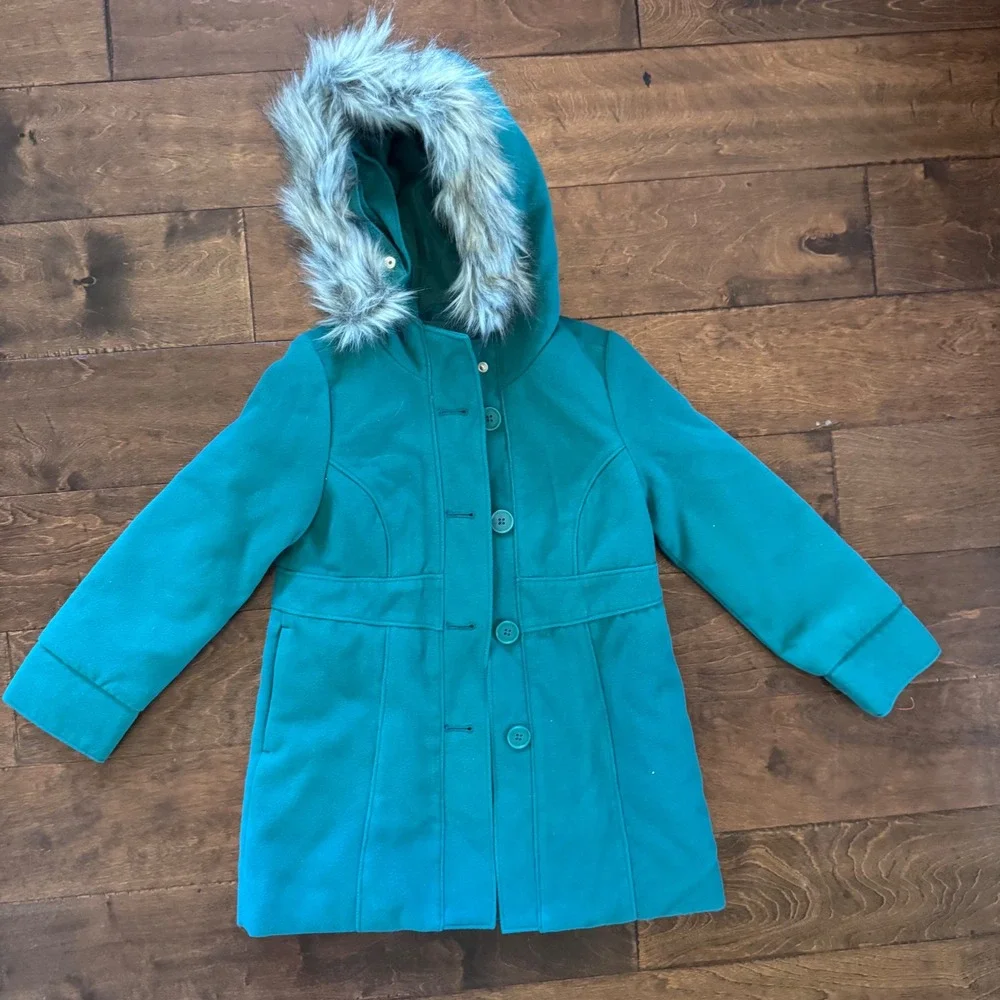 Cat & Jack Girls Green Faux Fur Hooded Pea Coat Jacket XS 4-5